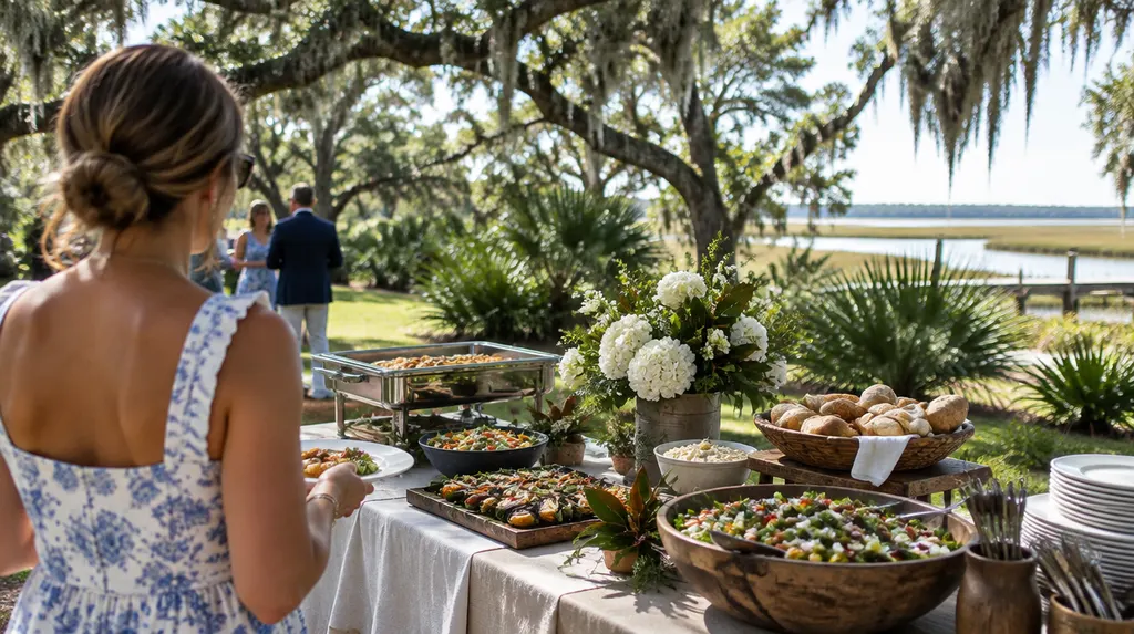 A catering buffet set for an outdoor event in North Charleston, SC