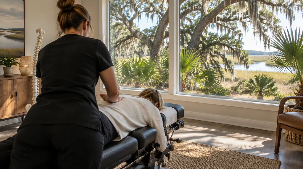 A chiropractic treatment room with an adjusting table in North Charleston, SC