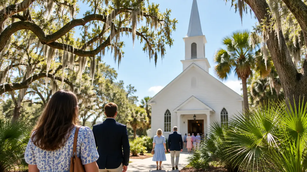 A welcoming white church on a sunny Sunday morning in North Charleston, SC