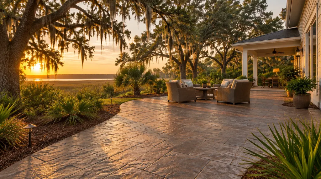 A finished stamped concrete patio beside a house in North Charleston, SC