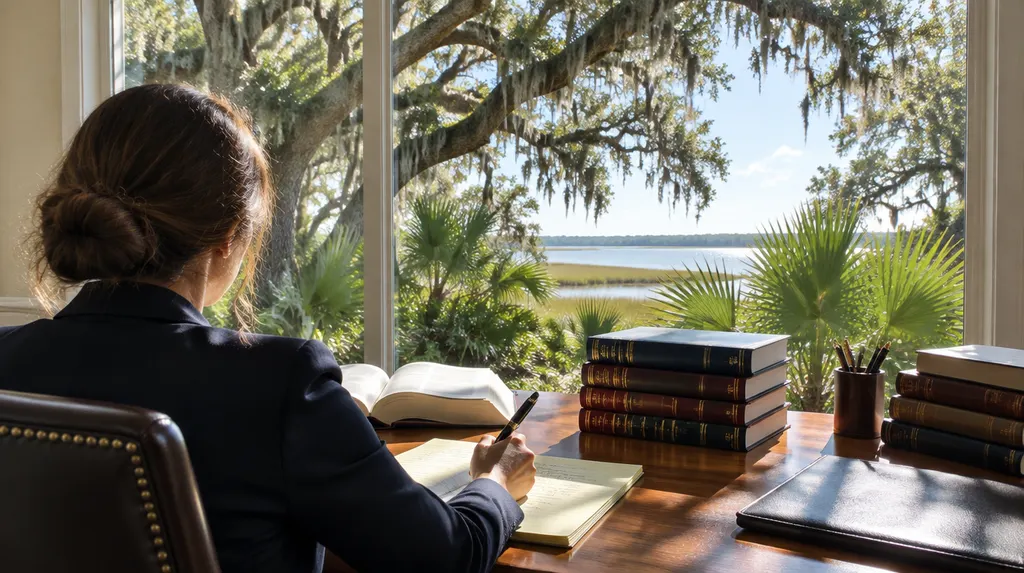 A defense attorney preparing at a desk with law books in North Charleston, SC