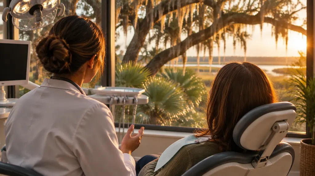 A dentist talking with a patient in a dental chair in North Charleston, SC