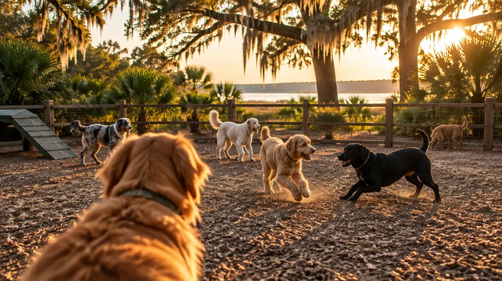 Dogs playing in a doggy daycare play area in North Charleston, SC