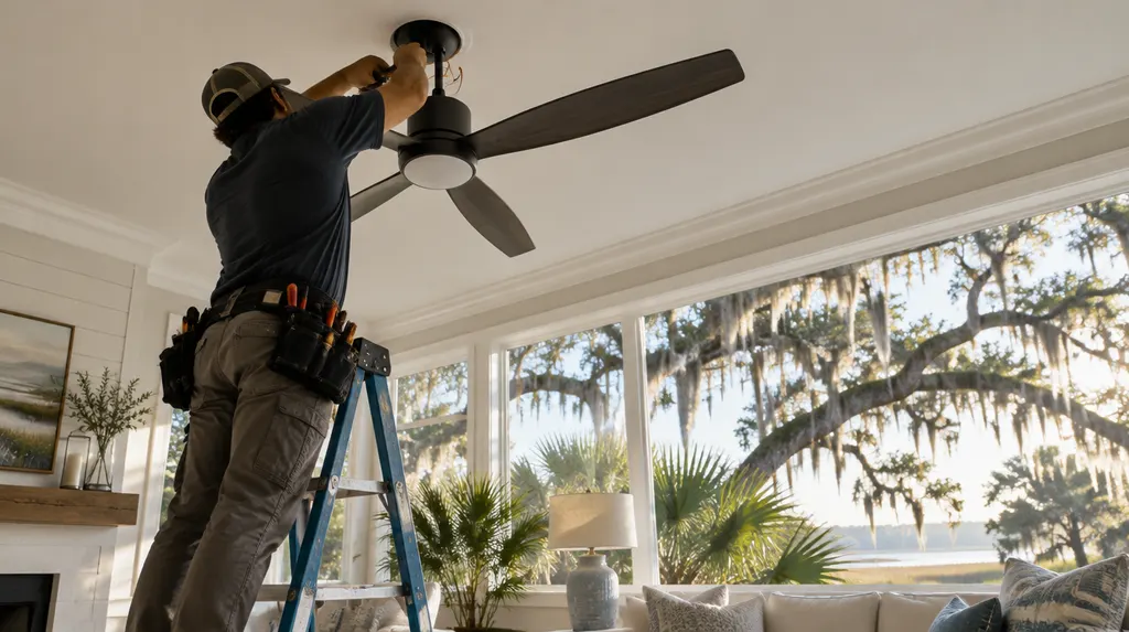 An electrician hanging a modern ceiling fan in a living room in North Charleston, SC