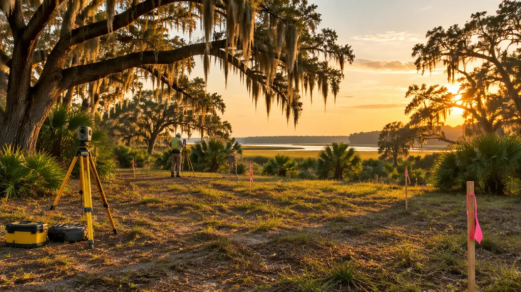 Survey stakes and equipment on a new lot in North Charleston, SC