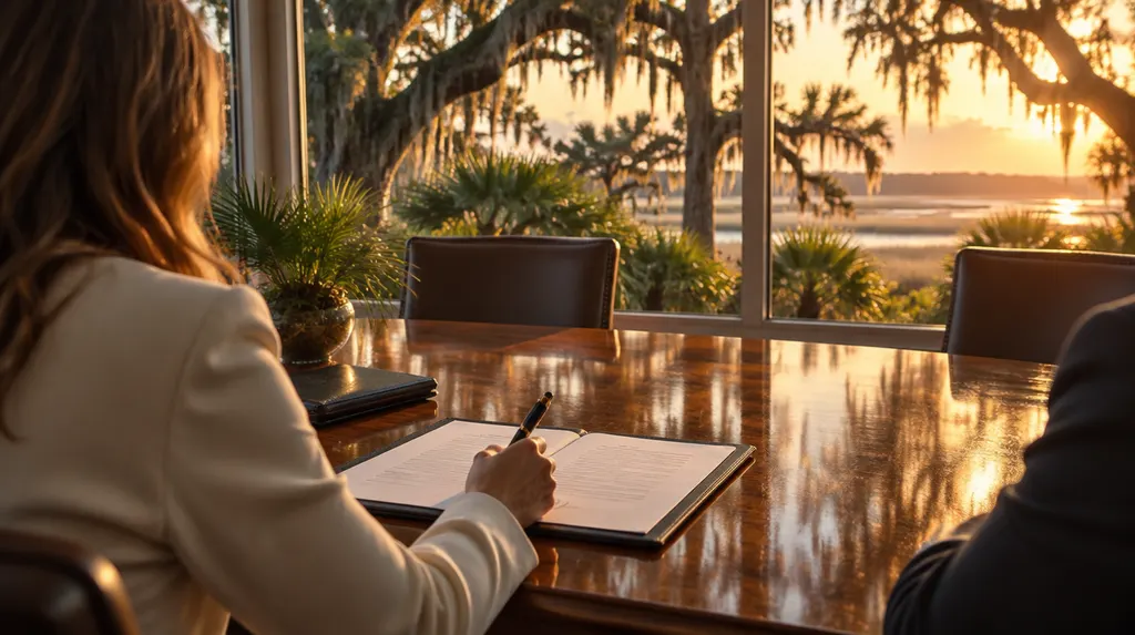 Signing documents at a polished conference table in North Charleston, SC