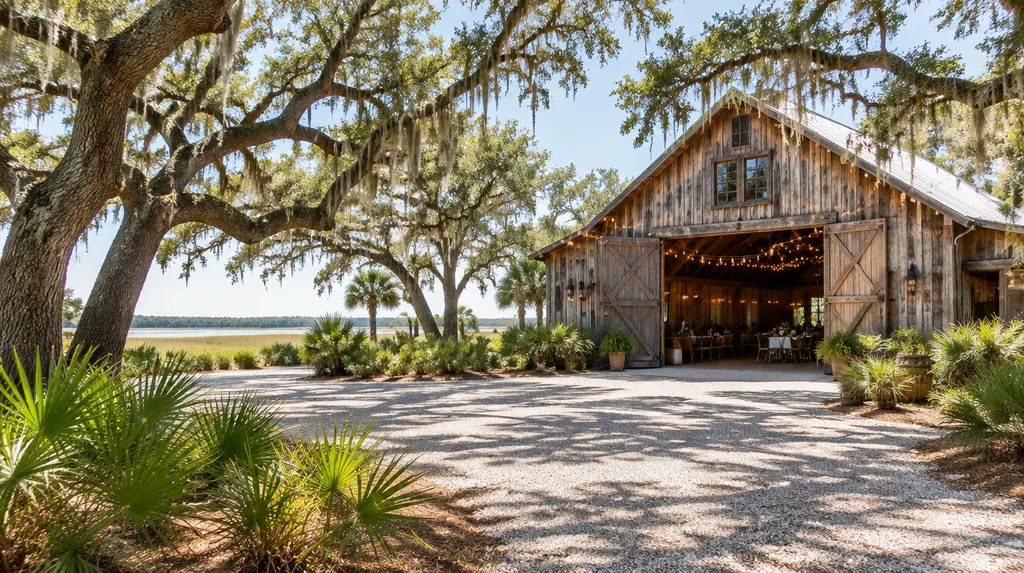 A rustic barn venue with string lights in North Charleston, SC
