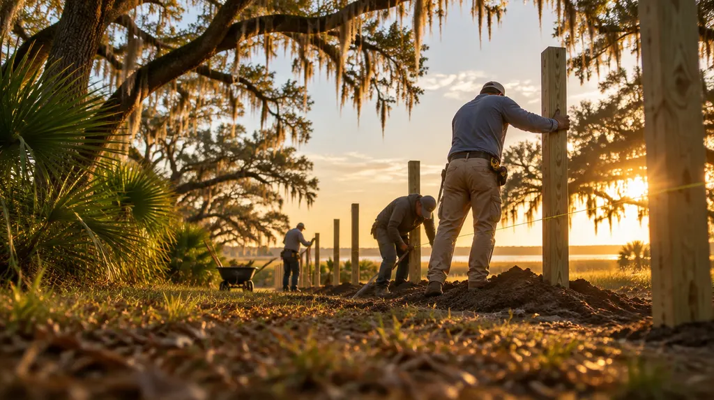 A crew setting posts for a new wood privacy fence in North Charleston, SC