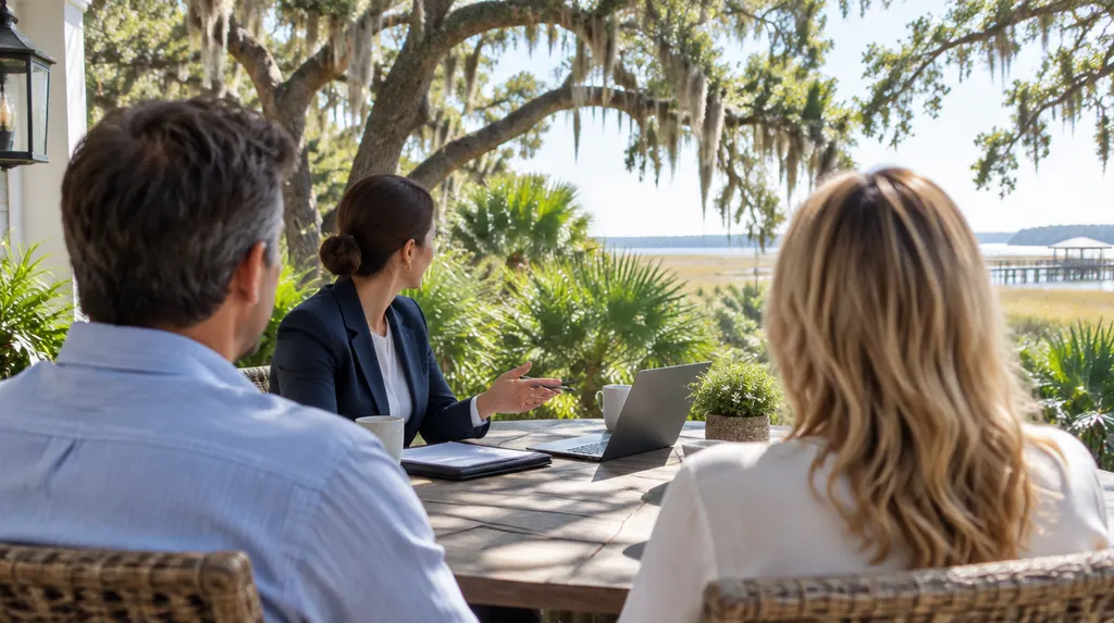 A financial advisor meeting a couple at a table in North Charleston, SC