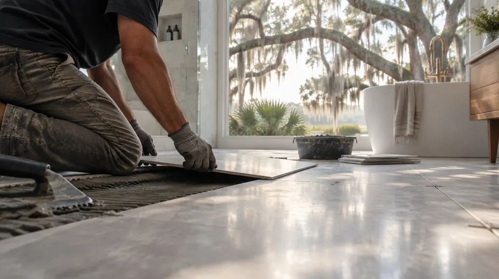 A tile setter placing large tiles in a bathroom in North Charleston, SC