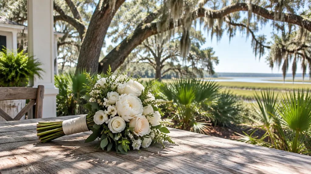 A bridal bouquet on a rustic table in North Charleston, SC