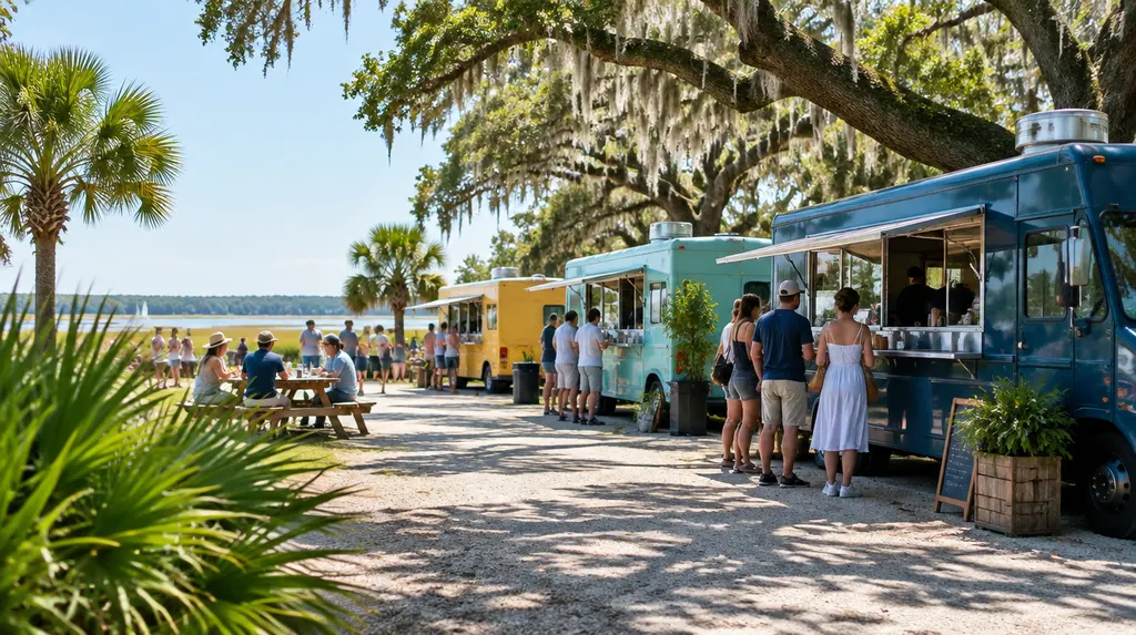 Food trucks parked at a sunny outdoor festival in North Charleston, SC