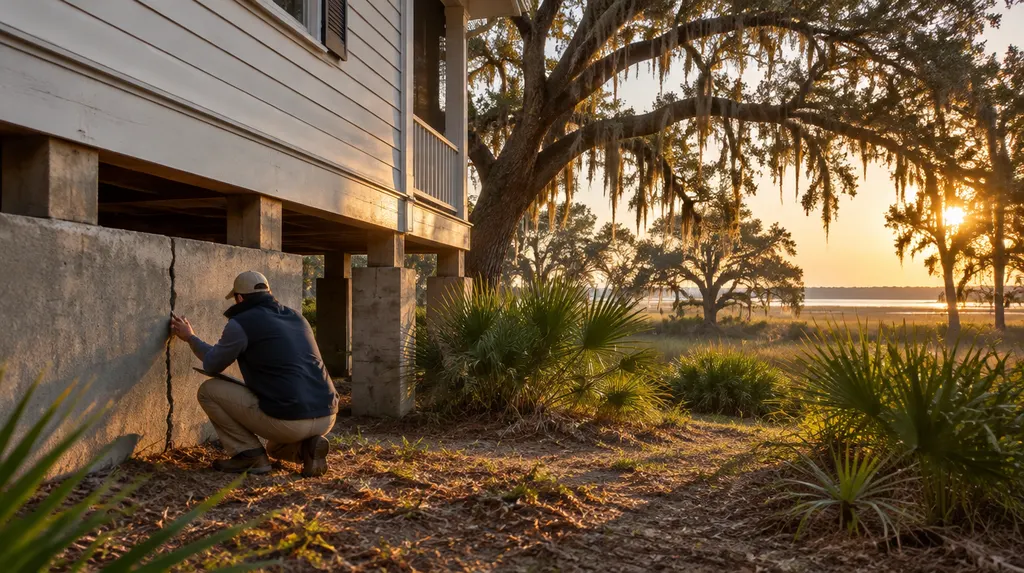 A specialist examining a crack in a foundation wall in North Charleston, SC