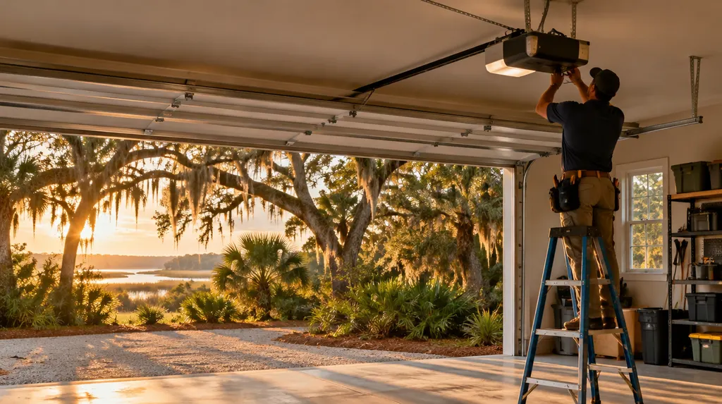 A technician adjusting a garage door opener on the ceiling in North Charleston, SC