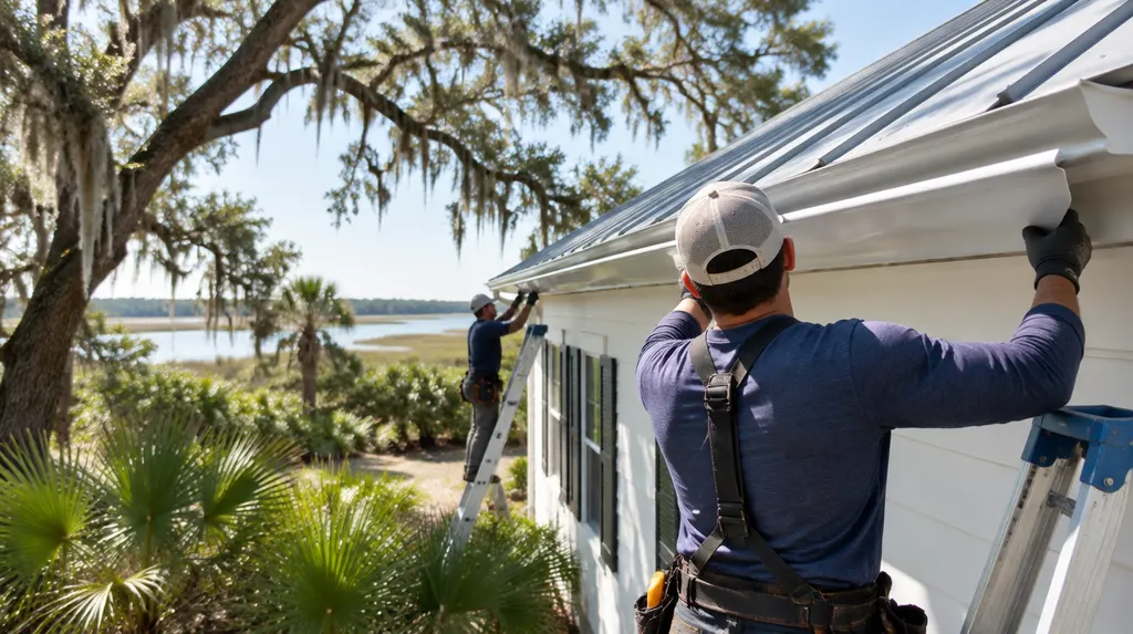 A crew installing seamless gutters on a house in North Charleston, SC