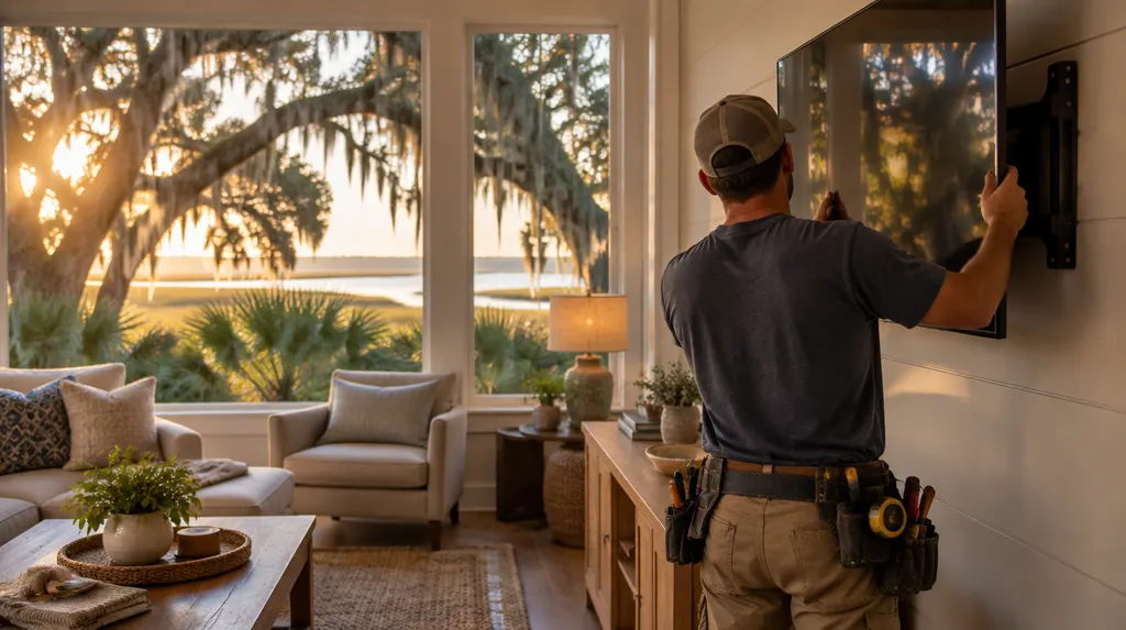 A handyman mounting a TV on a living room wall in North Charleston, SC