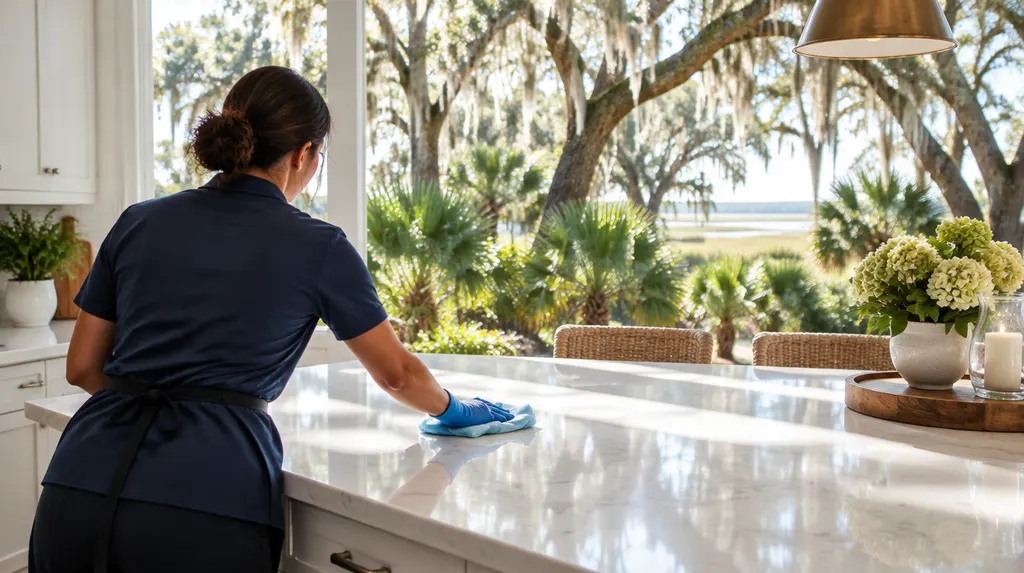 A house cleaner wiping a bright kitchen island in North Charleston, SC
