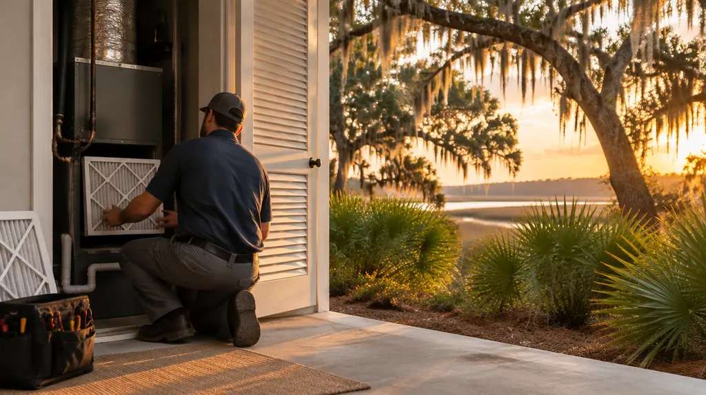 A technician replacing an air filter in an indoor air handler in North Charleston, SC