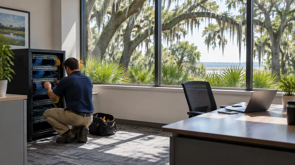 A technician setting up a network switch in an office in North Charleston, SC
