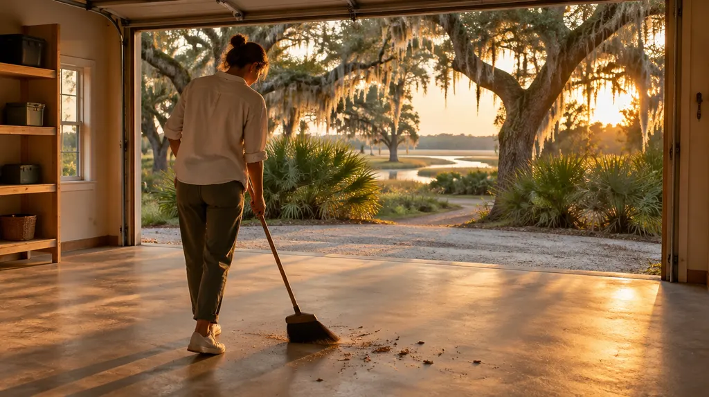 A cleared-out garage being swept in North Charleston, SC