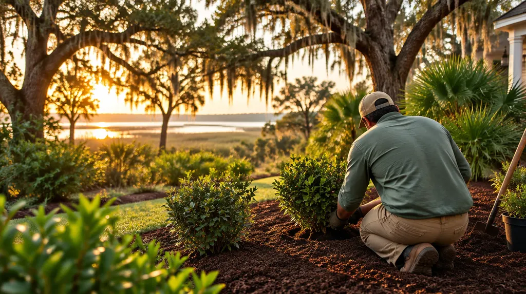 A landscaper planting shrubs in a fresh mulch bed in North Charleston, SC