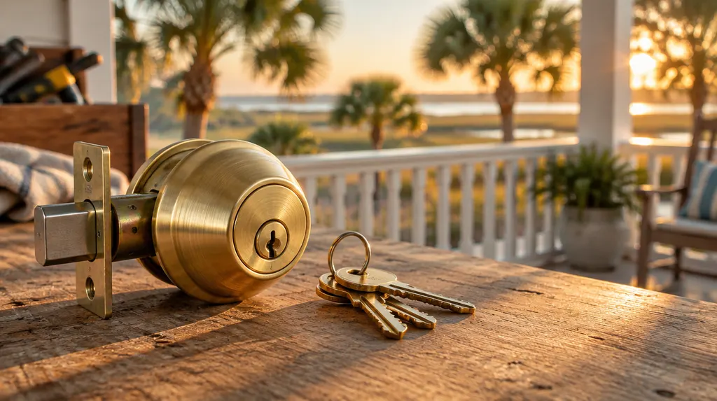 A new brass deadbolt lock and a set of keys on a locksmith’s workbench in North Charleston, SC