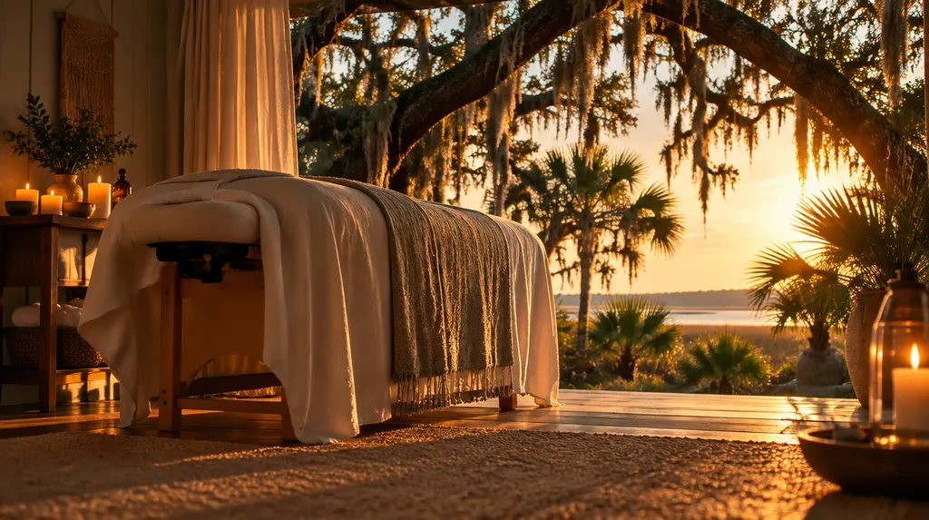 A calm massage room with a draped table and candles in North Charleston, SC
