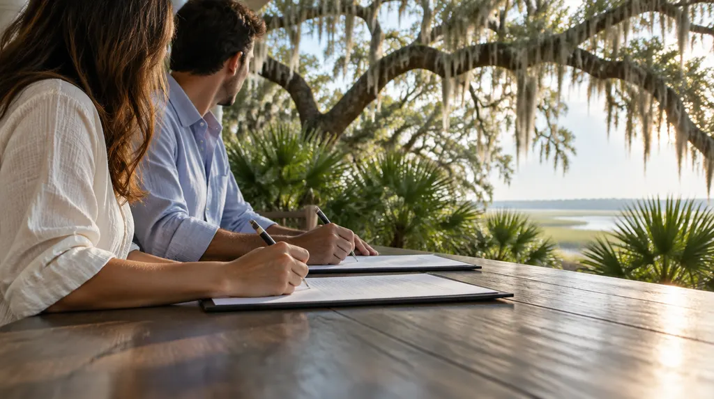 A couple signing loan papers at a table in North Charleston, SC
