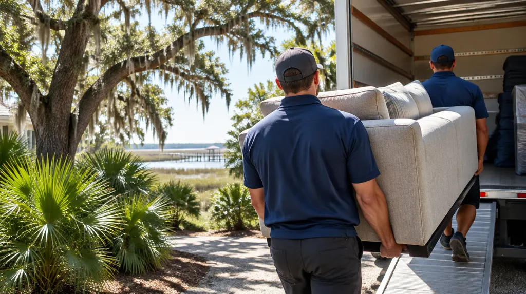 Movers carrying a sofa into a moving truck in North Charleston, SC