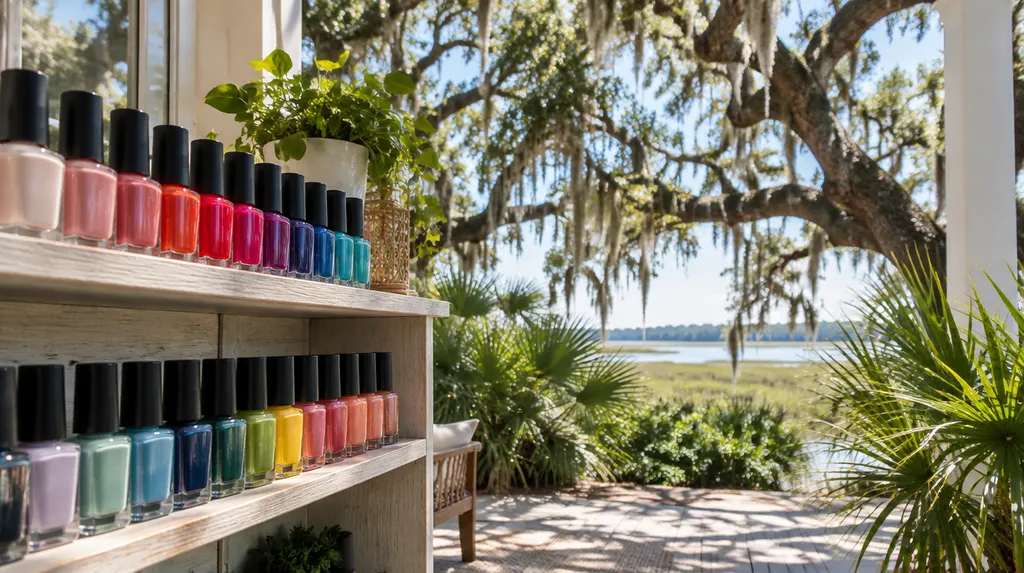 Colorful nail polish bottles on a shelf in North Charleston, SC