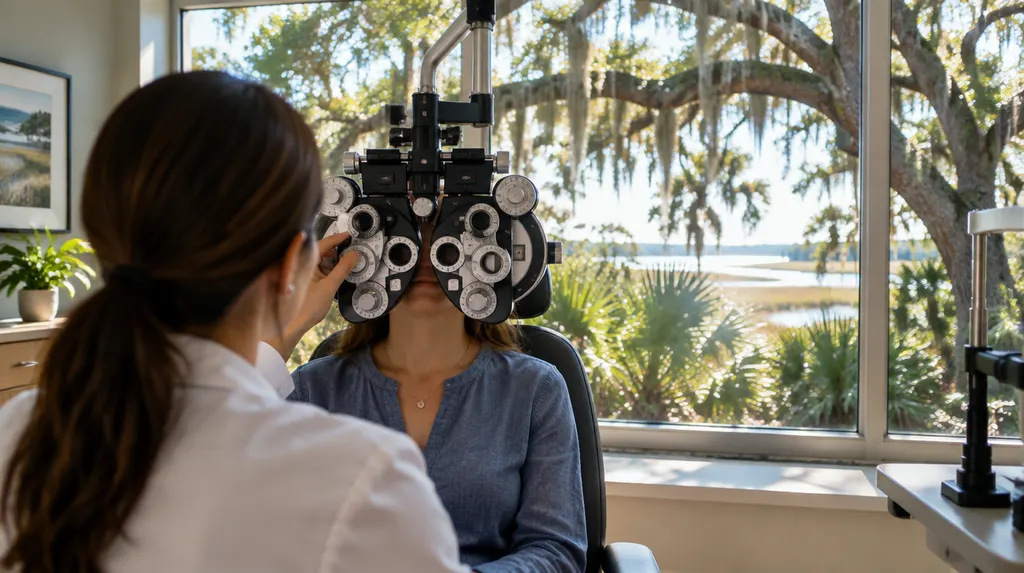 An optometry exam room with a phoropter in North Charleston, SC