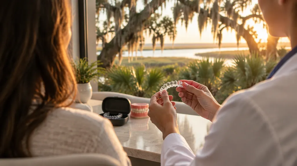 An orthodontist showing a clear aligner tray in North Charleston, SC