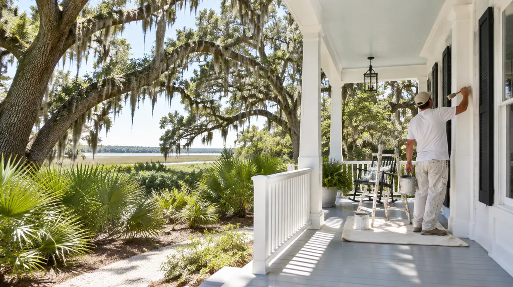 A painter brushing white trim on a porch in North Charleston, SC