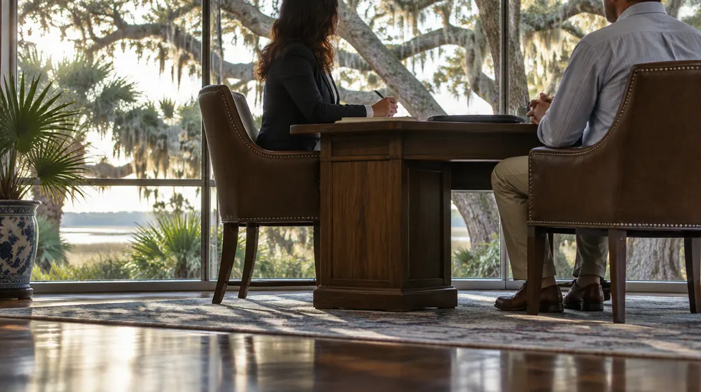An attorney meeting a client across a desk in North Charleston, SC
