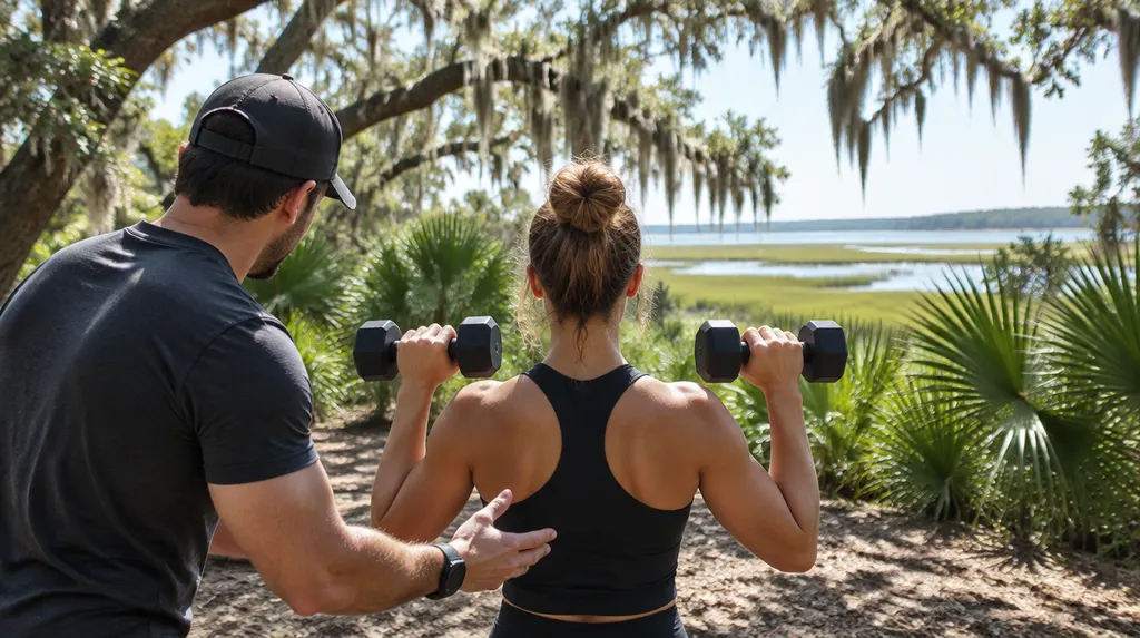 A personal trainer coaching a client with dumbbells in North Charleston, SC