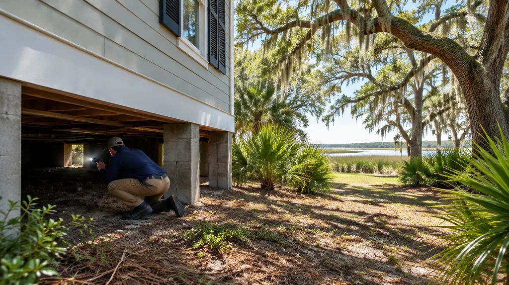 A technician inspecting a crawl space with a flashlight in North Charleston, SC