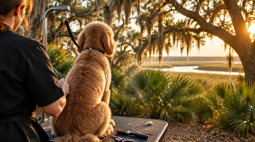 A freshly groomed dog on a grooming table in North Charleston, SC