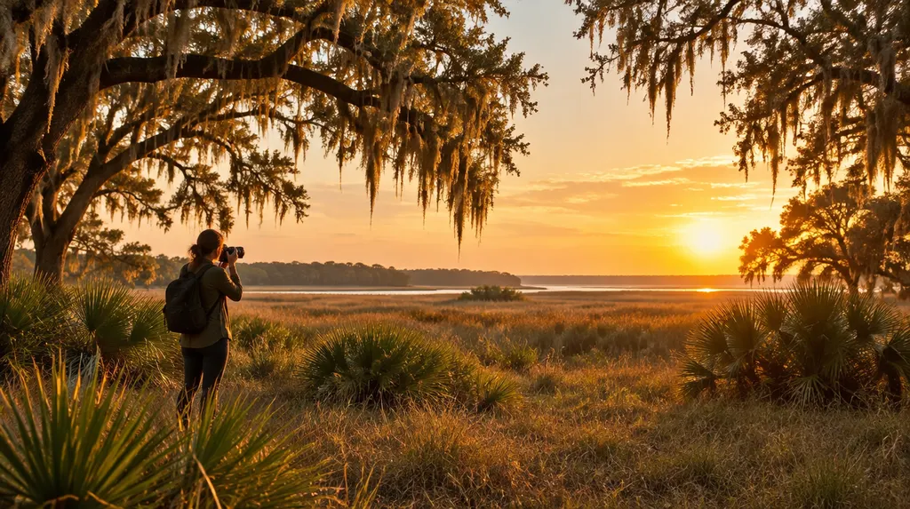 A photographer holding a camera at a golden-hour field in North Charleston, SC