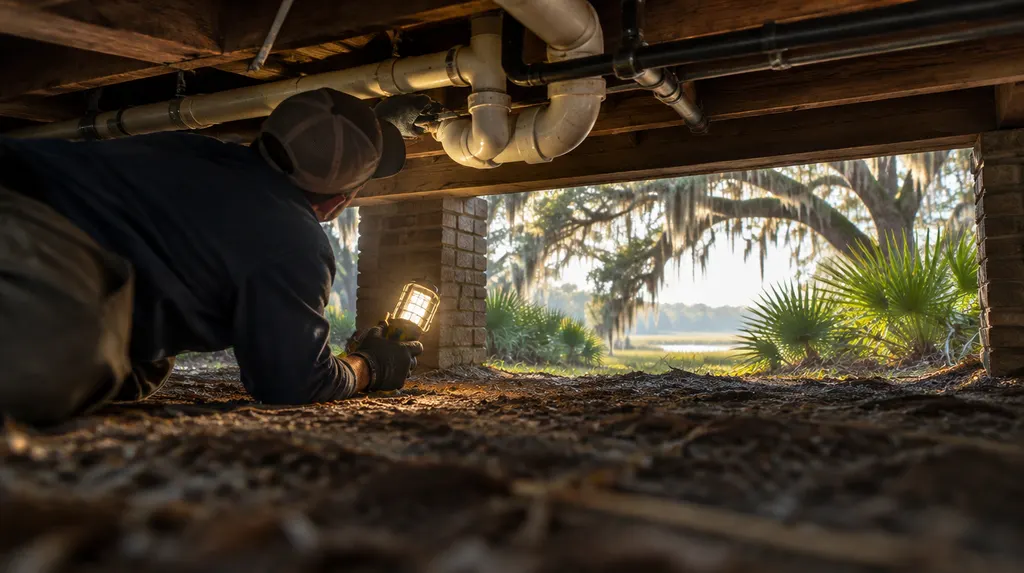 A plumber checking pipes in a crawl space with a work light in North Charleston, SC