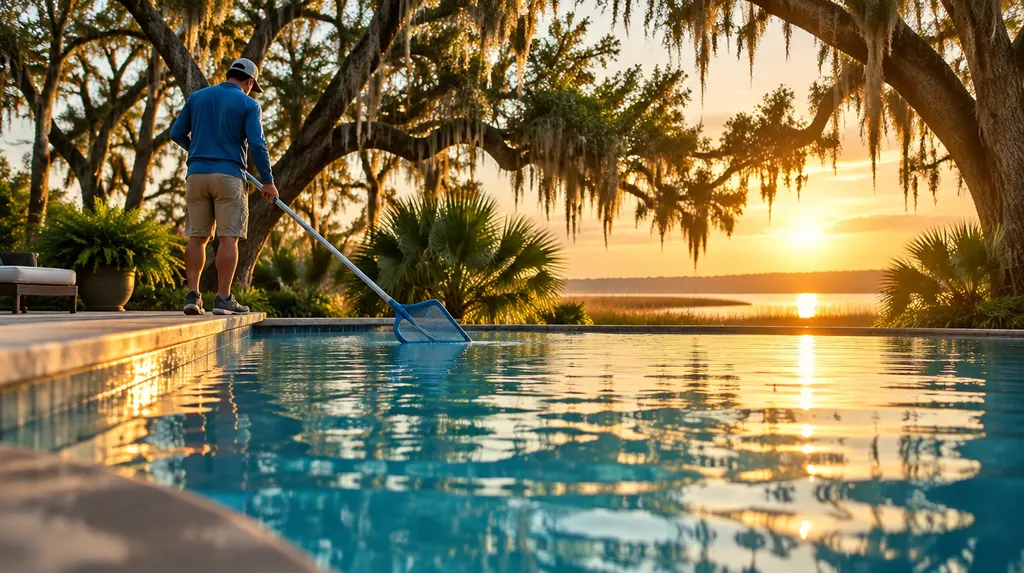 A pool technician skimming a sparkling backyard pool in North Charleston, SC