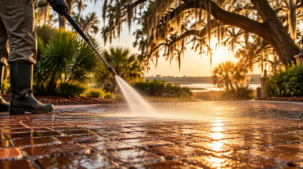 Pressure washing a brick driveway with sparkling spray in North Charleston, SC