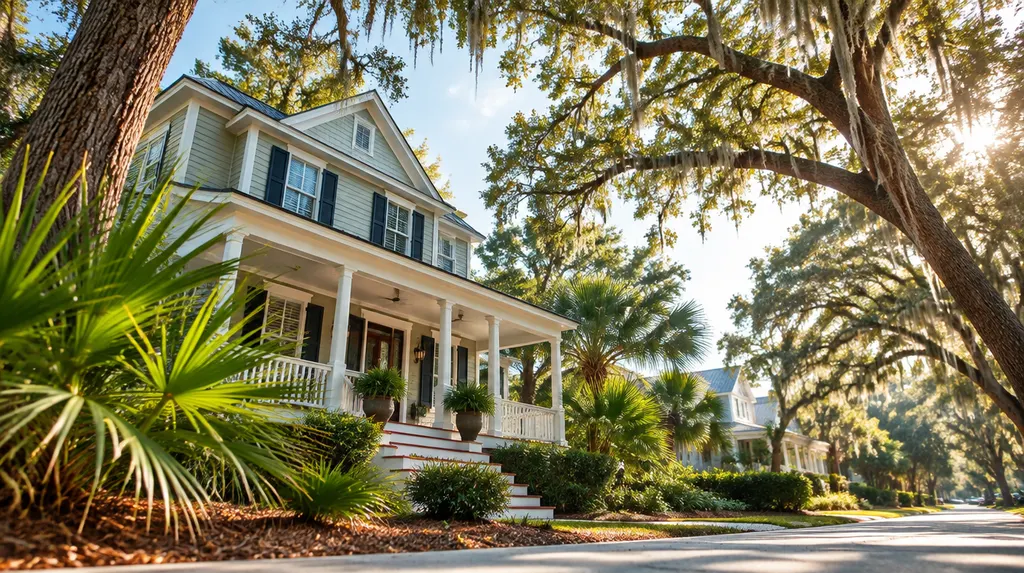 A for-sale home exterior on a sunny street with no sign text in North Charleston, SC