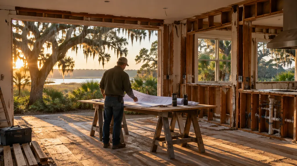 A contractor reviewing plans in a gutted kitchen in North Charleston, SC