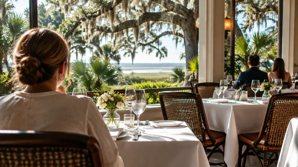 A cozy restaurant dining room with set tables in North Charleston, SC