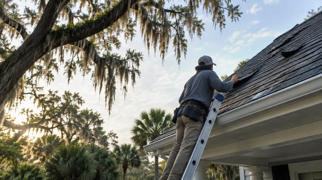 A roofer inspecting storm-damaged shingles from a ladder in North Charleston, SC