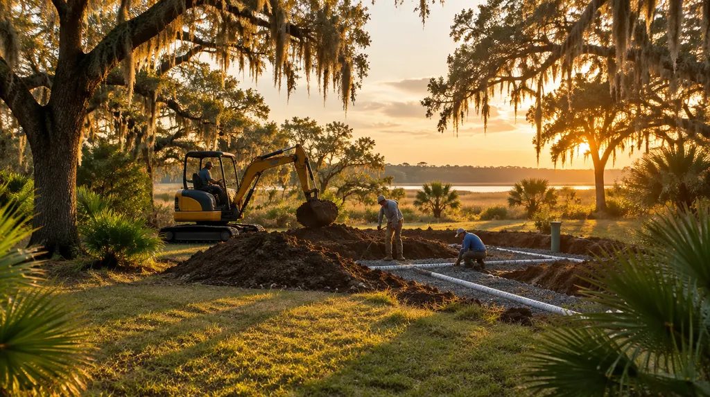 A crew repairing a drain field with a small excavator in North Charleston, SC