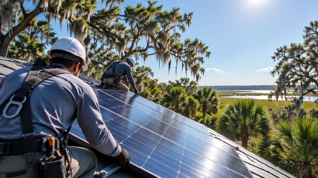 Installers mounting solar panels on a sunny roof in North Charleston, SC