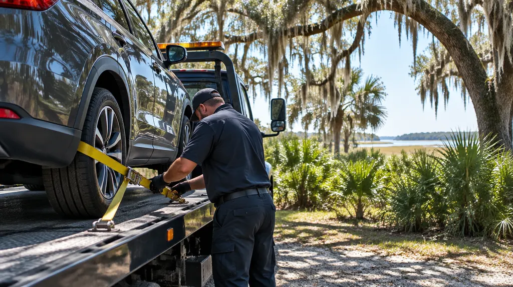 A tow truck driver securing a vehicle with straps in North Charleston, SC