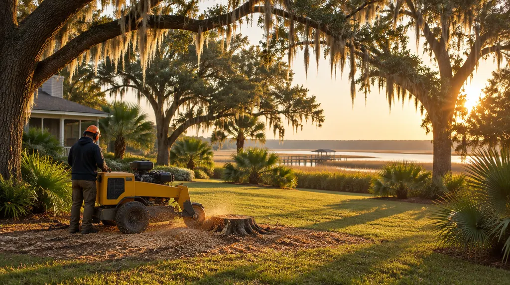 A stump grinder working in a sunny backyard in North Charleston, SC