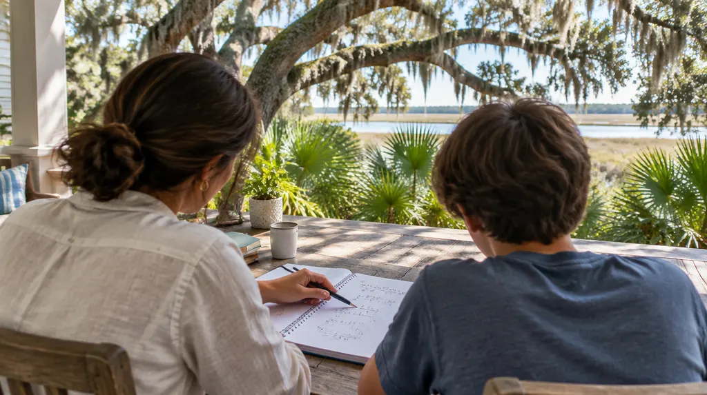 A tutor helping a student with math at a table in North Charleston, SC